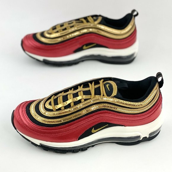 Nike Air Max 97 Red Gold Sequin Women's Sneaker Shoes Metallic - Picture 2 of 12